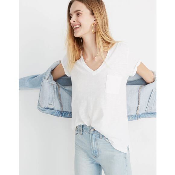 Madewell White Whisper Cotton V-Neck Pocket Tee | Size Small - Picture 1 of 5